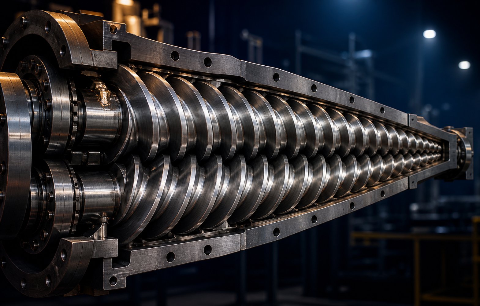 cutaway view of tapered twin screws meshing inside a converging barrel illustrating conical twin screw extruder design geometry