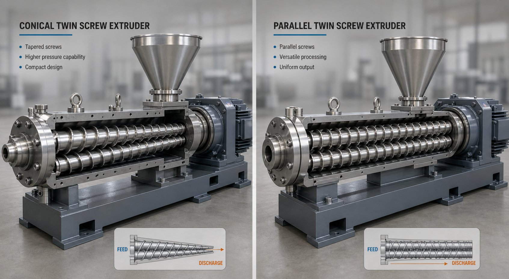 side by side comparison of conical and parallel twin screw extruder configurations highlighting geometric differences