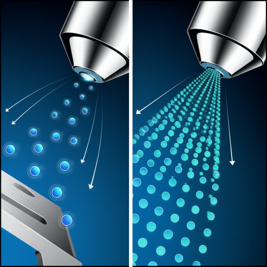 diagram comparing the electrostatic process of powder coating versus the spray application of paint