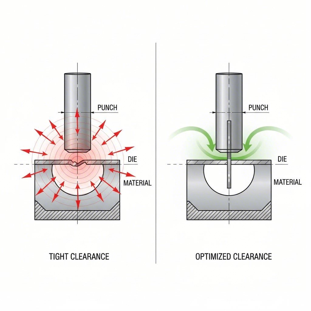 Diagram comparing tight vs. optimized die clearance to prevent material pinching