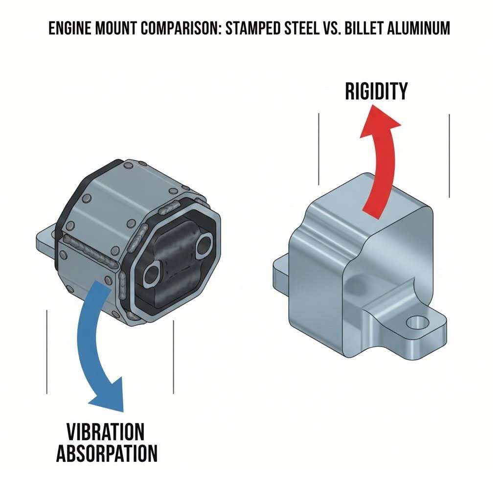 Comparison of stamped steel engine mounts versus billet aluminum construction