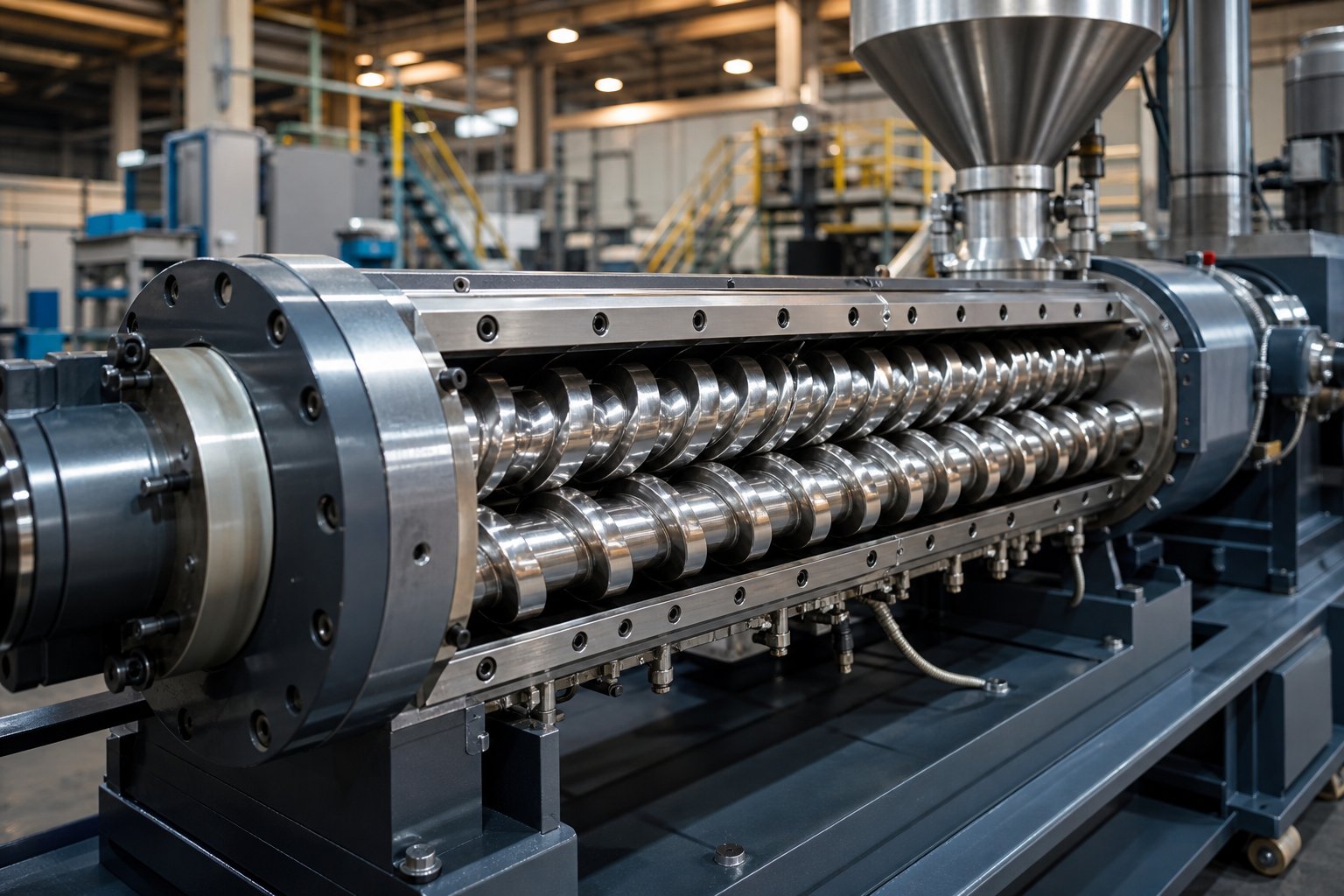 twin screw pvc extruder with intermeshing screws inside a heated barrel for precise pvc processing