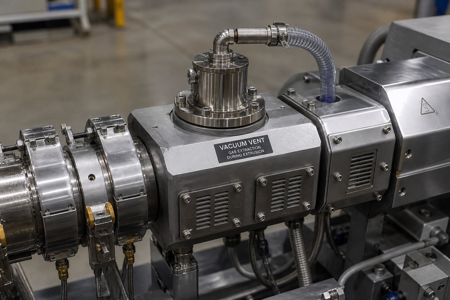 vacuum vent port on a twin screw extruder barrel removes trapped air and volatiles from the pvc melt