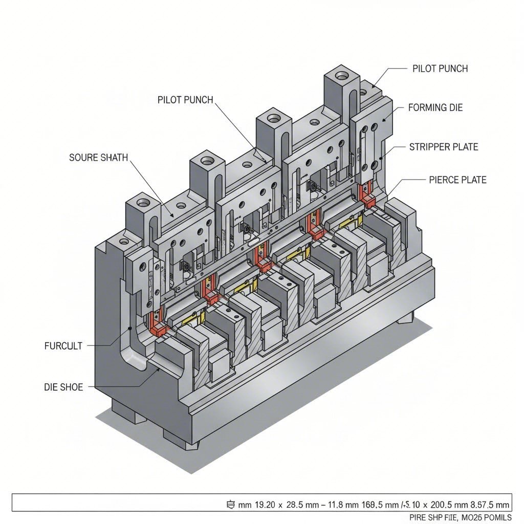 cross section view of a multi station progressive stamping die revealing internal tooling components