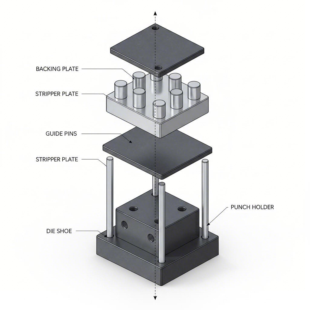 exploded view showing the essential components of a complete die assembly system