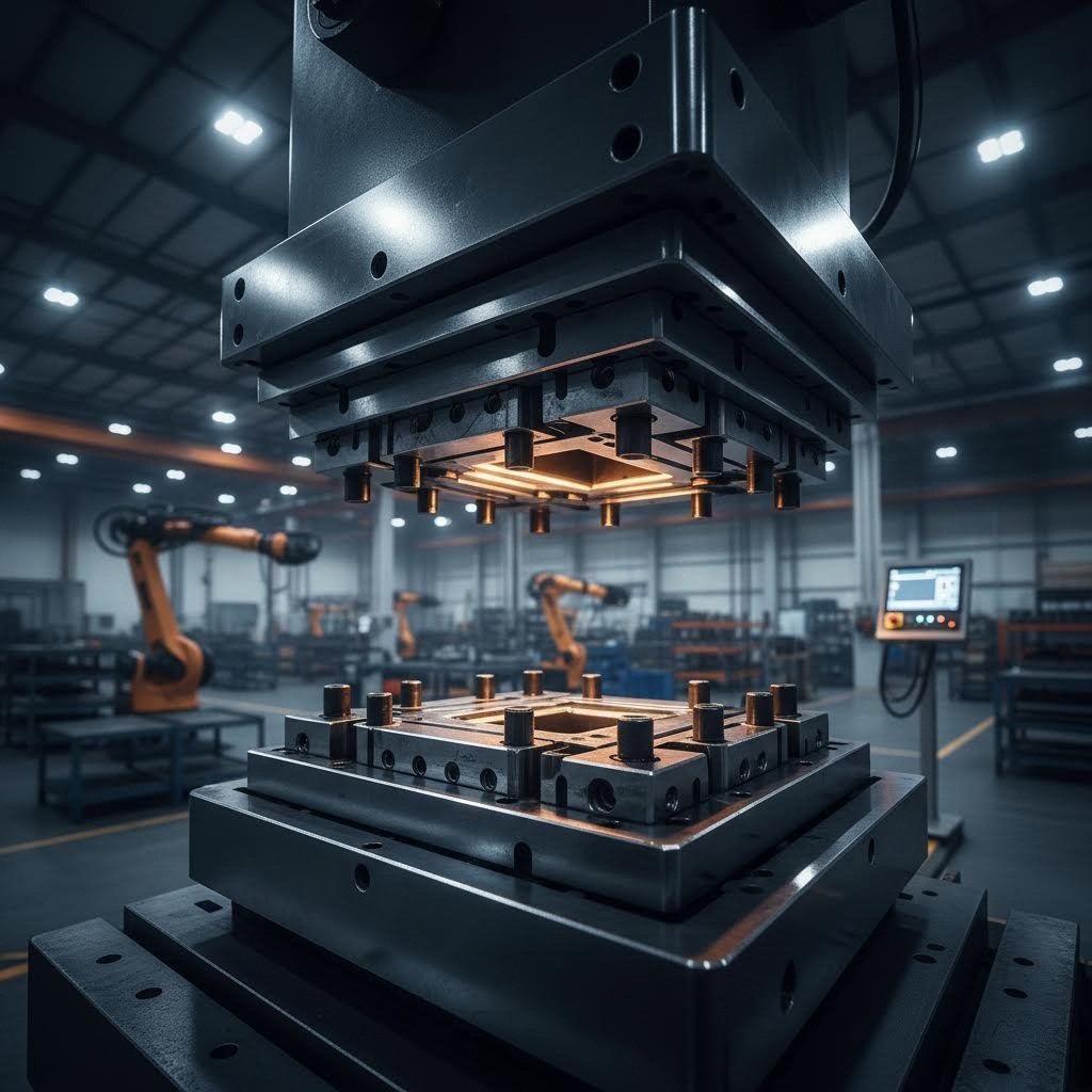 precision stamping die installed in an industrial press showcasing the complex tooling used in modern manufacturing