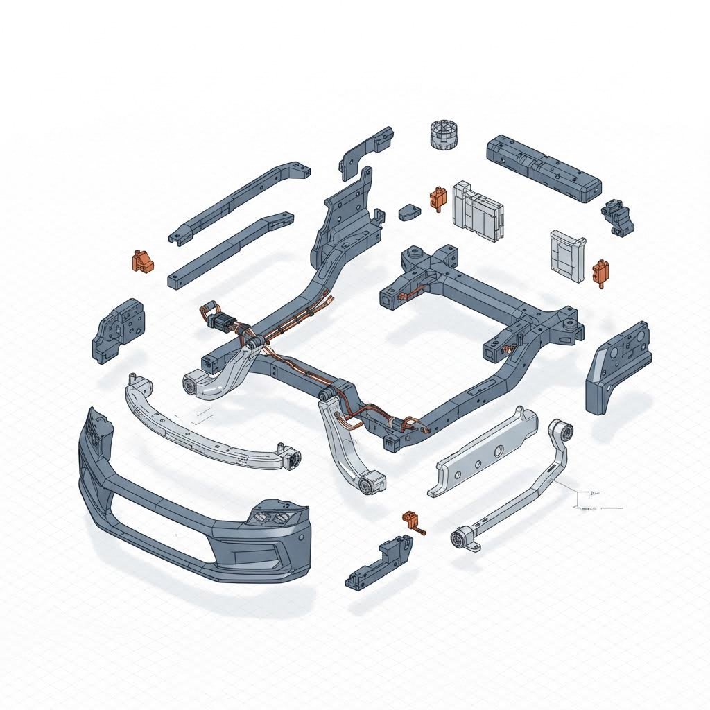 Exploded view of vehicle chassis showing stamped steel and aluminum parts