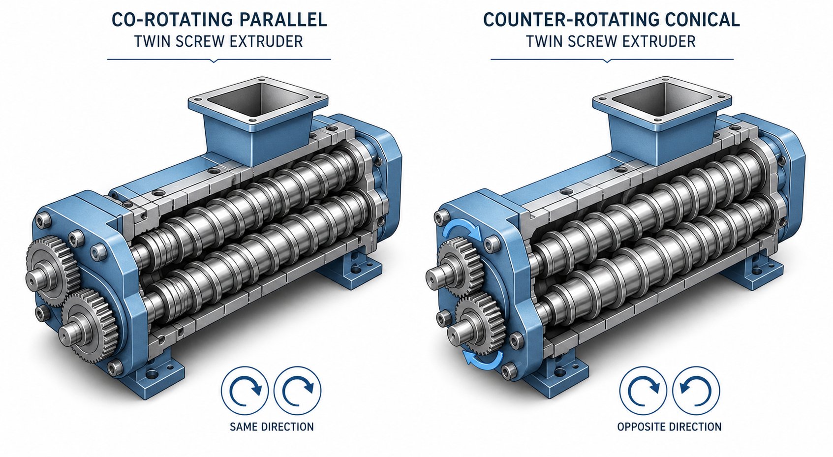 co rotating parallel and counter rotating conical twin screw extruder configurations compared side by side