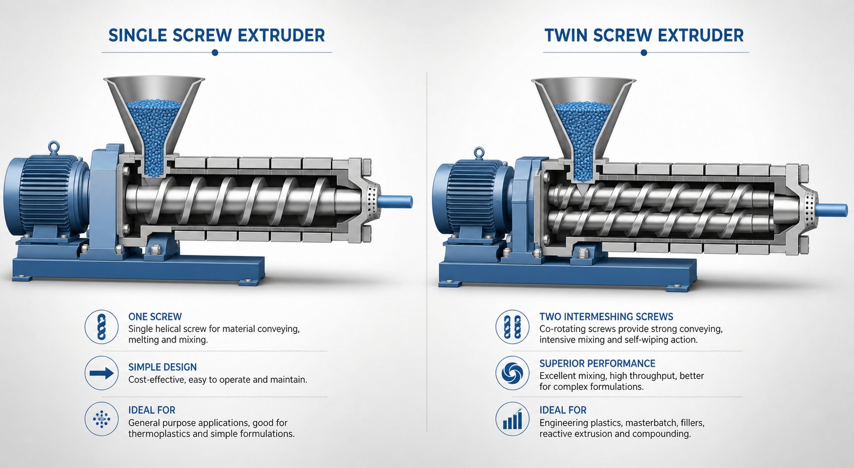 cross section comparison of single screw and twin screw extruder internal geometry and screw arrangement