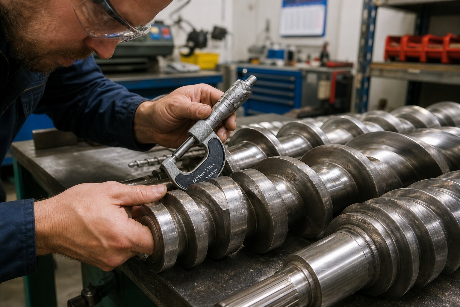 technician measuring worn twin screw extruder elements during a scheduled preventive maintenance inspection