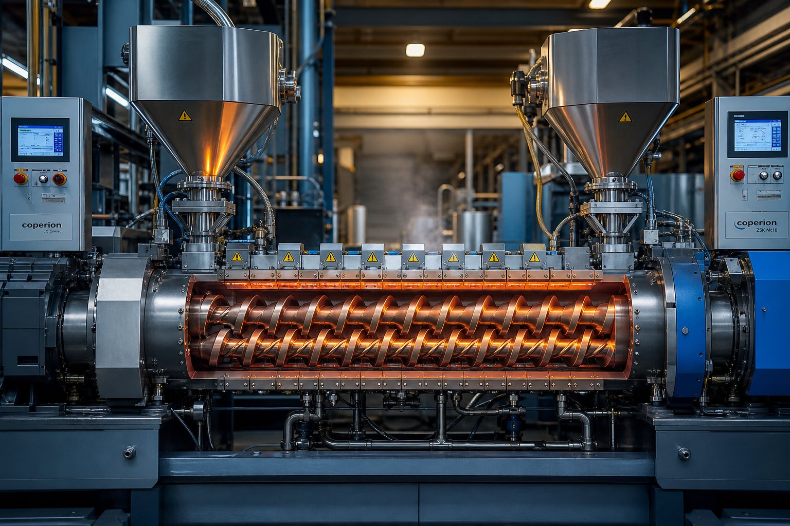 twin screw extruder machine with intermeshing screws inside a heated barrel for polymer compounding and processing