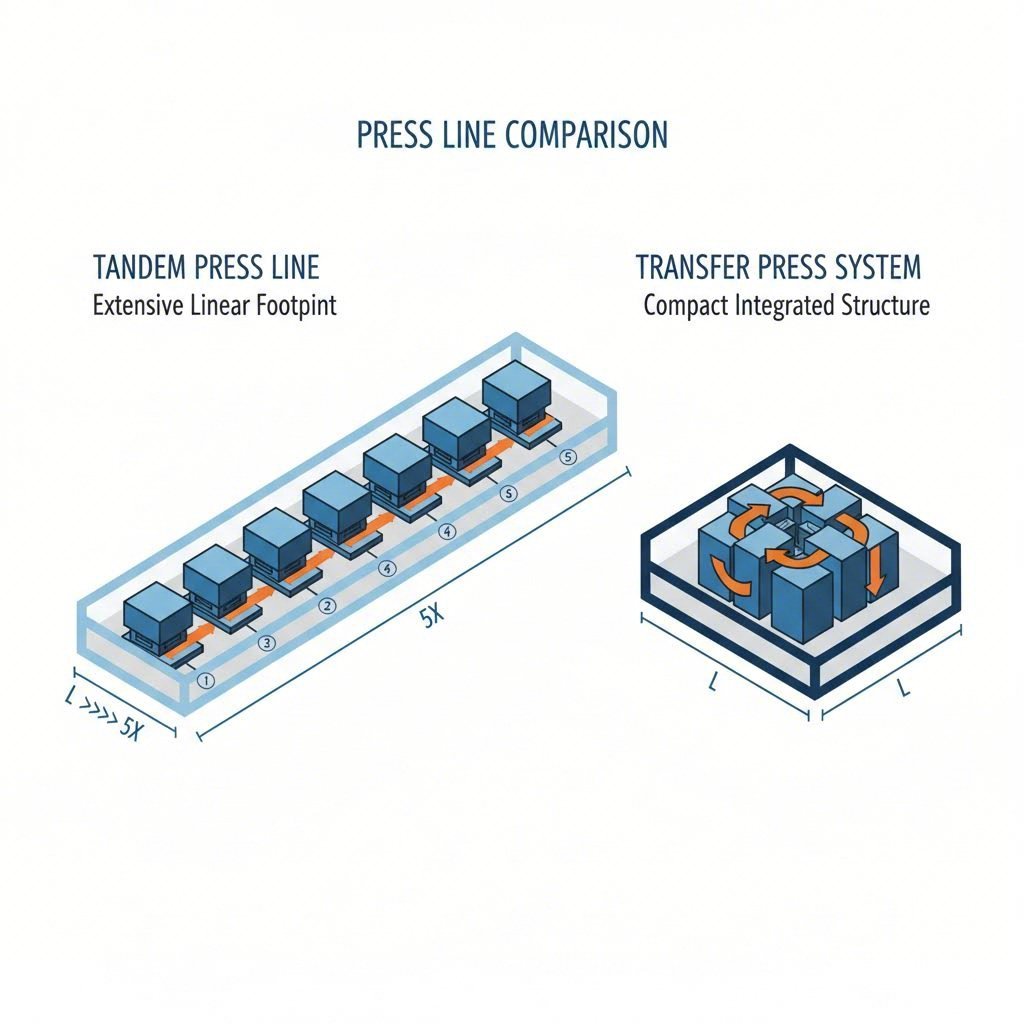 Comparison of spatial footprints for Tandem versus Transfer press line configurations