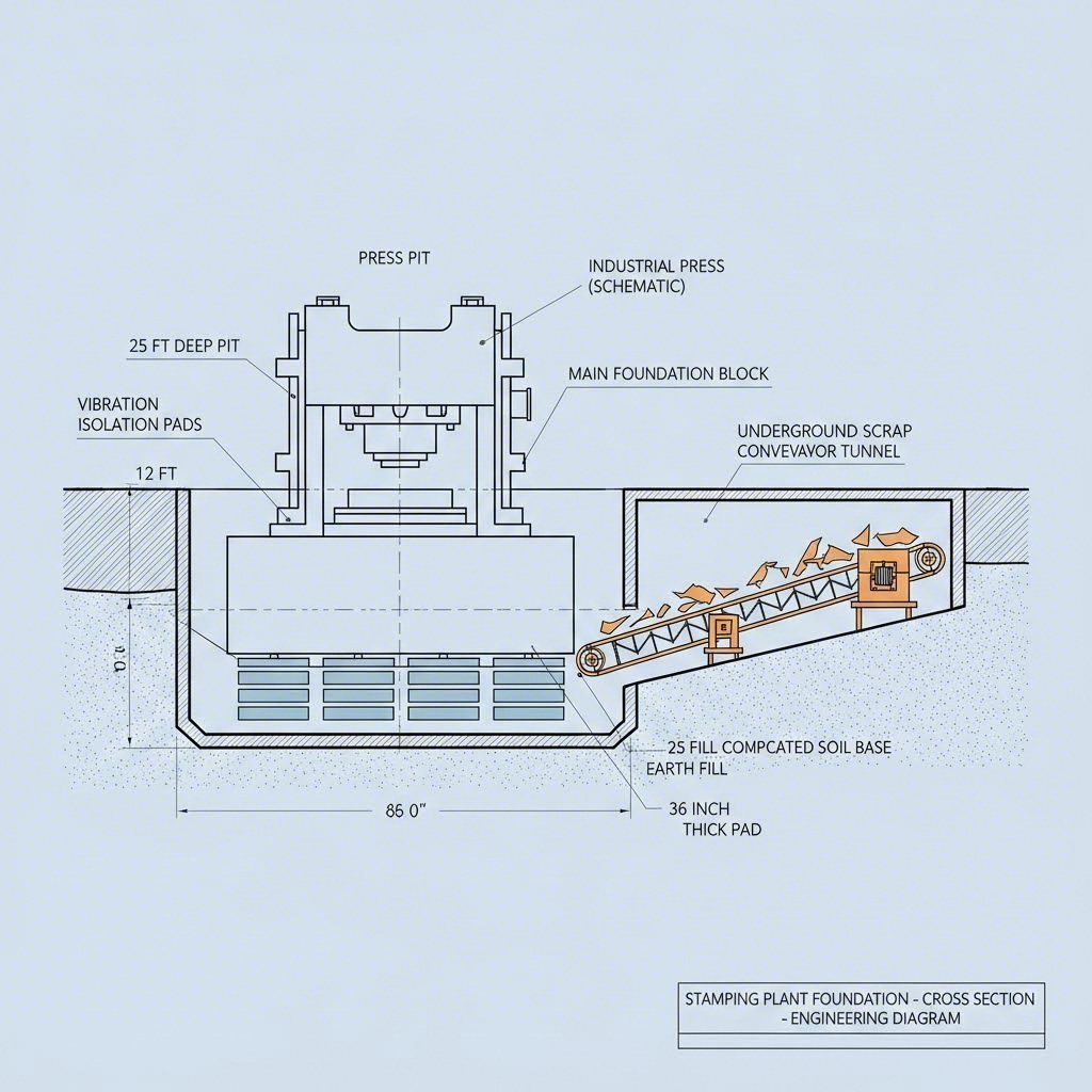 Cross section detailing press pits and underground scrap handling infrastructure