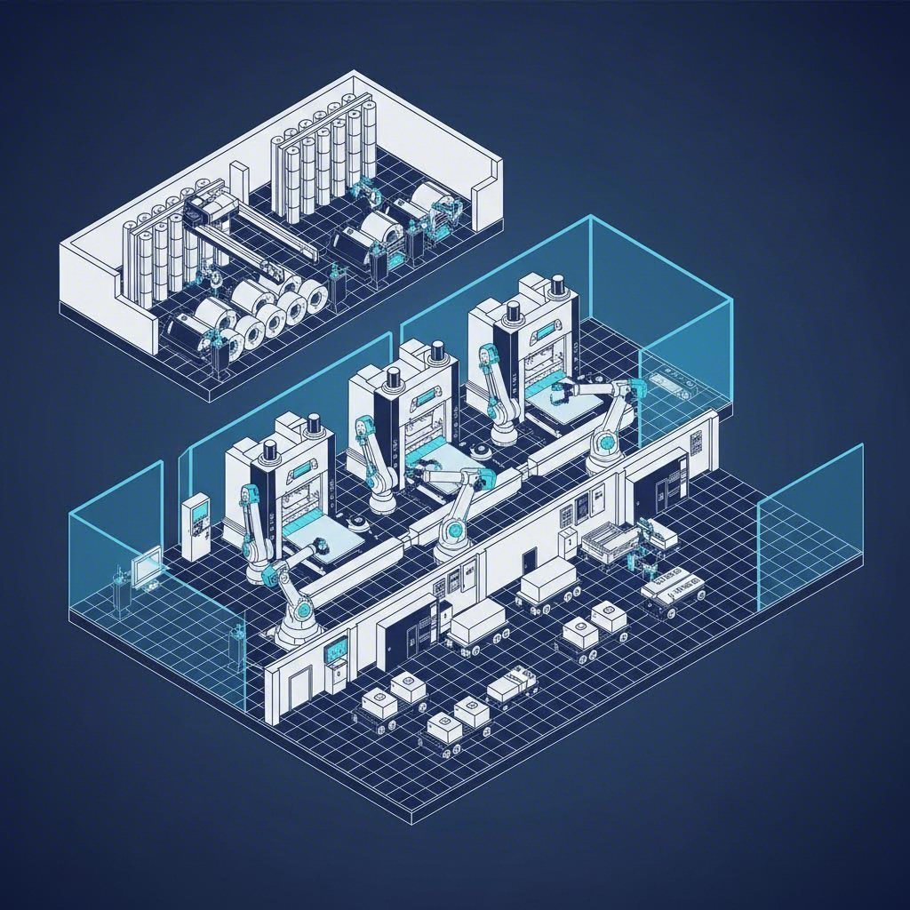 Overview of an automotive stamping plant layout showing material flow from coil storage to shipping