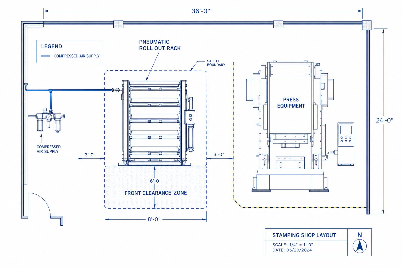 info-1-1 floor plan layout showing pneumatic roll out rack placement with required clearance zones air supply routing and press access paths