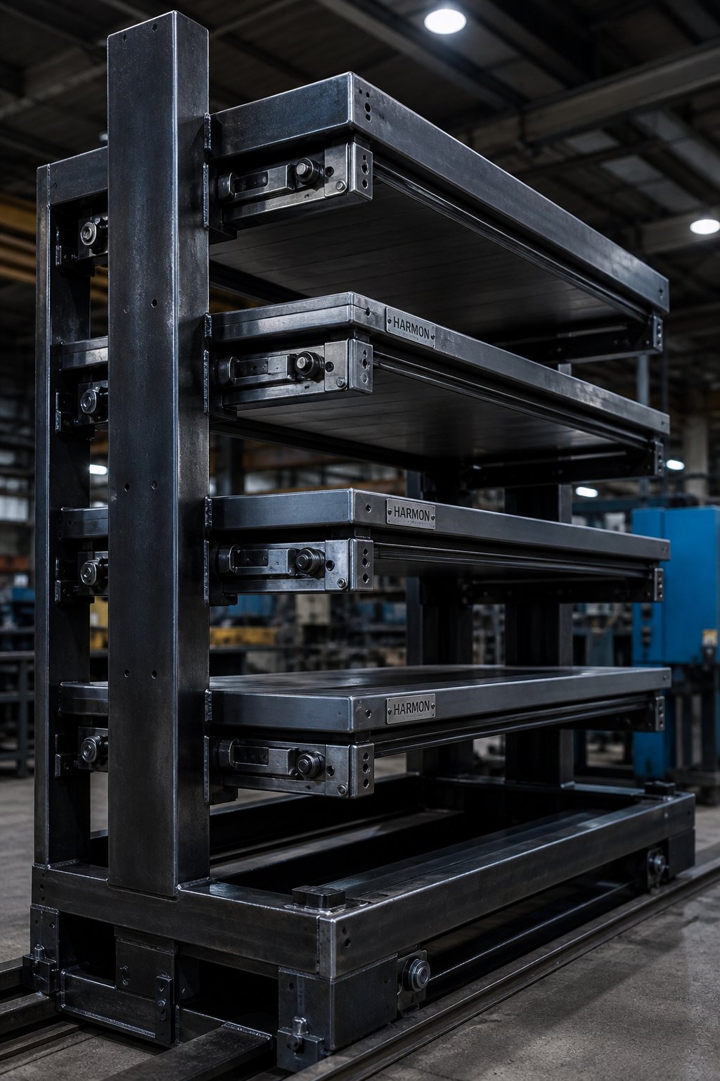info-1-1 heavy duty roll out rack frame construction showing structural uprights guide rails and bearing trucks that determine weight capacity ratings