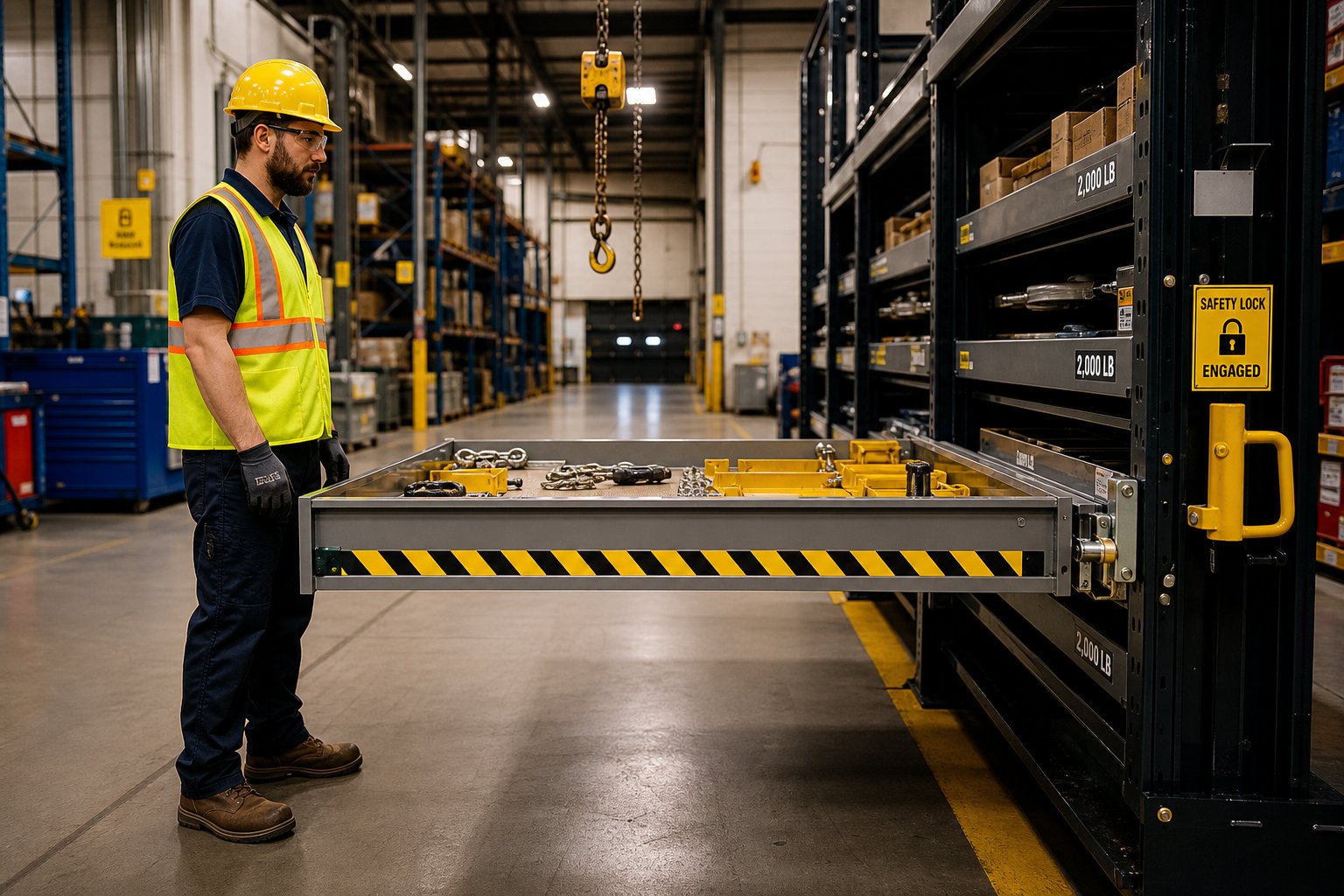 info-1-1 operator following safe access protocol with a fully extended and locked pneumatic roll out shelf ready for die loading