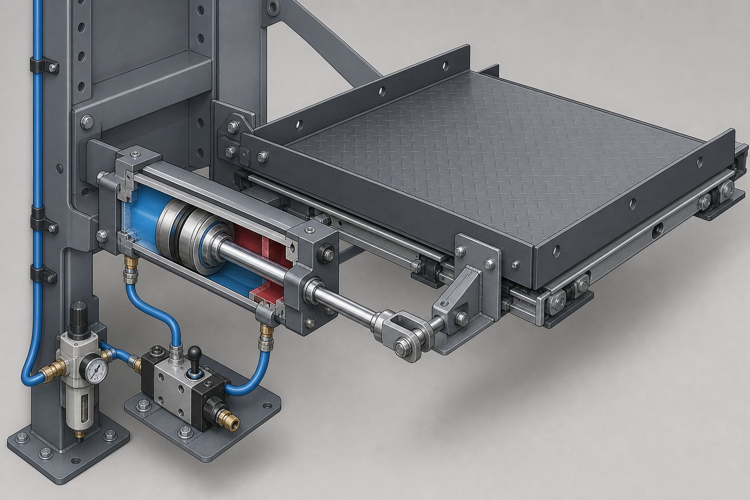 info-1-1 pneumatic cylinder mechanism showing how compressed air drives the piston rod to extend a heavy roll out shelf
