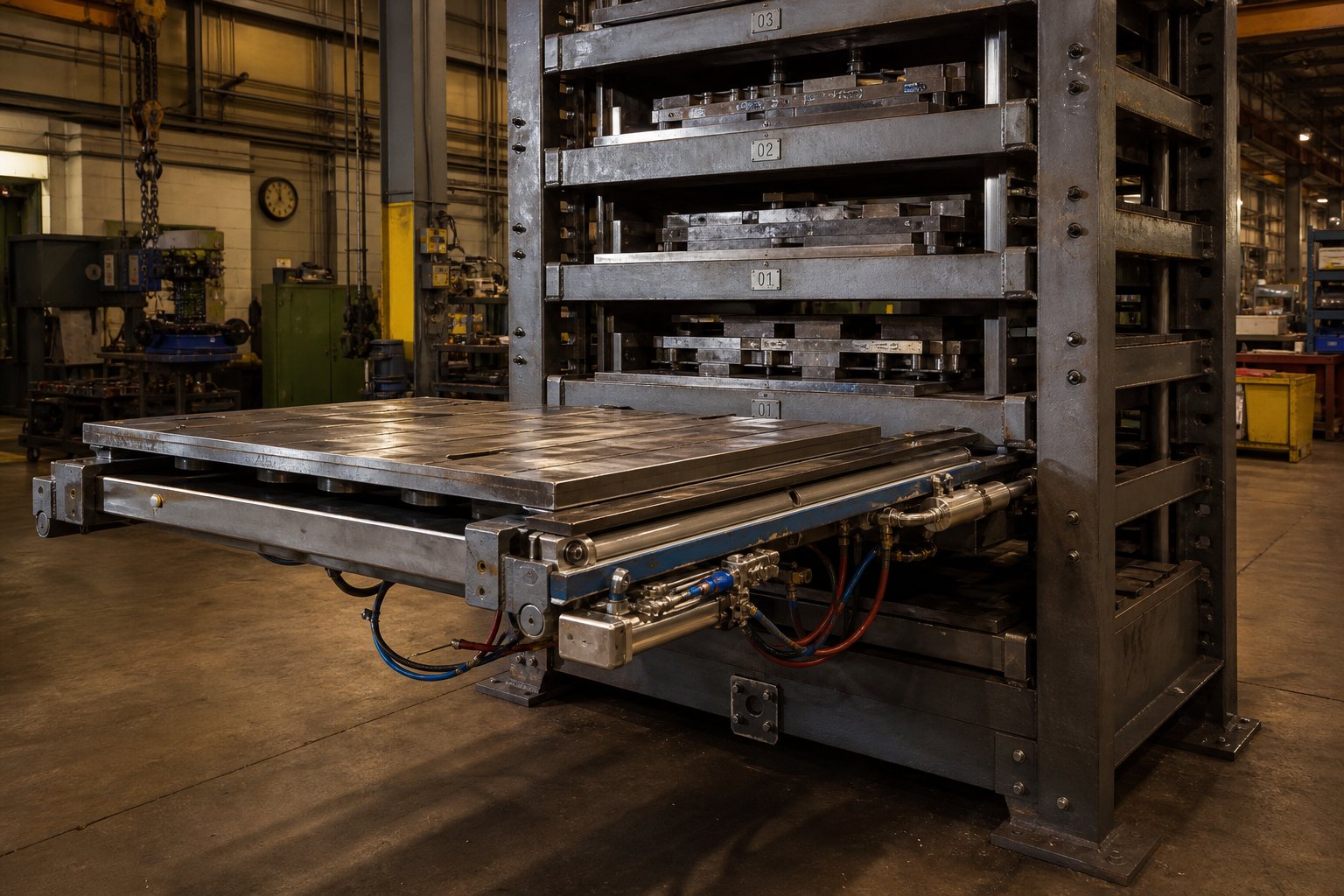 info-1-1 pneumatic stamping die roll out rack with an extended shelf showing the air cylinder mechanism and heavy duty guide rail system