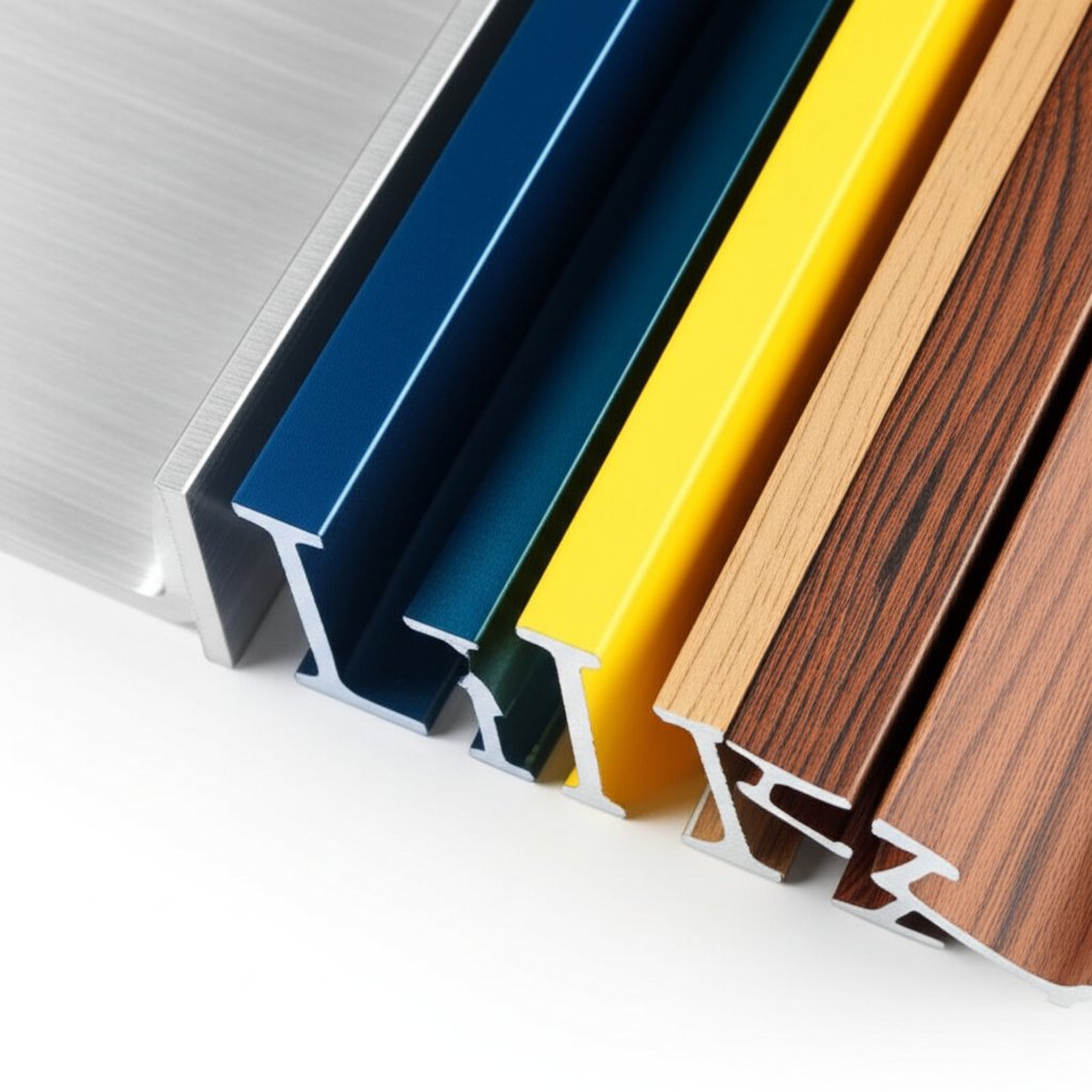 different types and finishes of 90 degree aluminum angles side by side