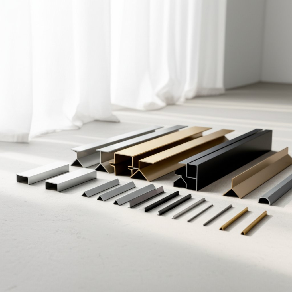 various 90 degree aluminum angle profiles displayed in different finishes and sizes
