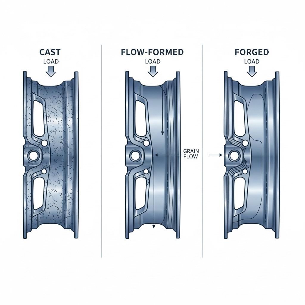 grain structure comparison between cast flow formed and forged wheel construction