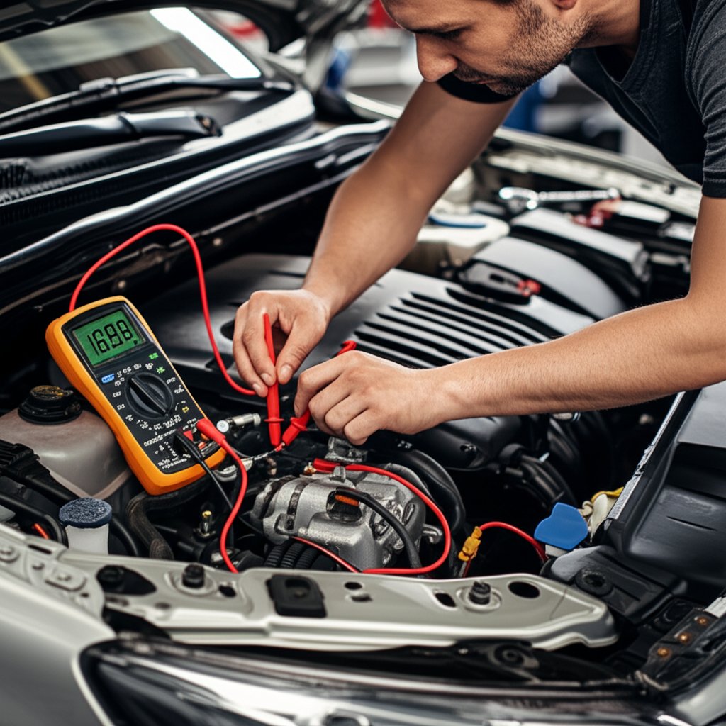 mechanic testing hvac electrical circuits in a car for diagnostic accuracy
