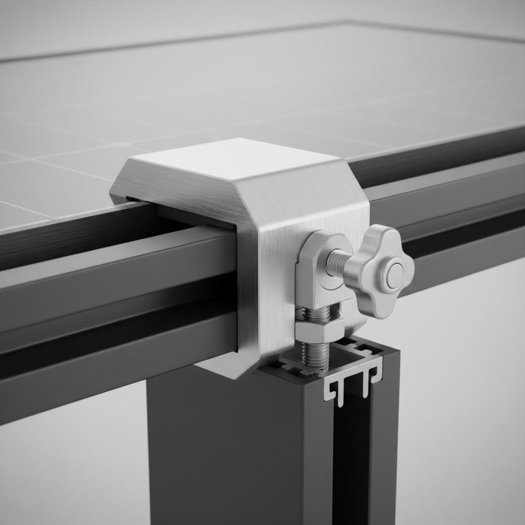 solar panel mounting clamp demonstrating frame to rail connection interface