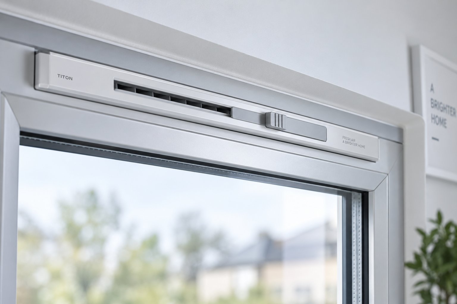 a trickle vent installed in the window frame head provides continuous background ventilation without energy costs