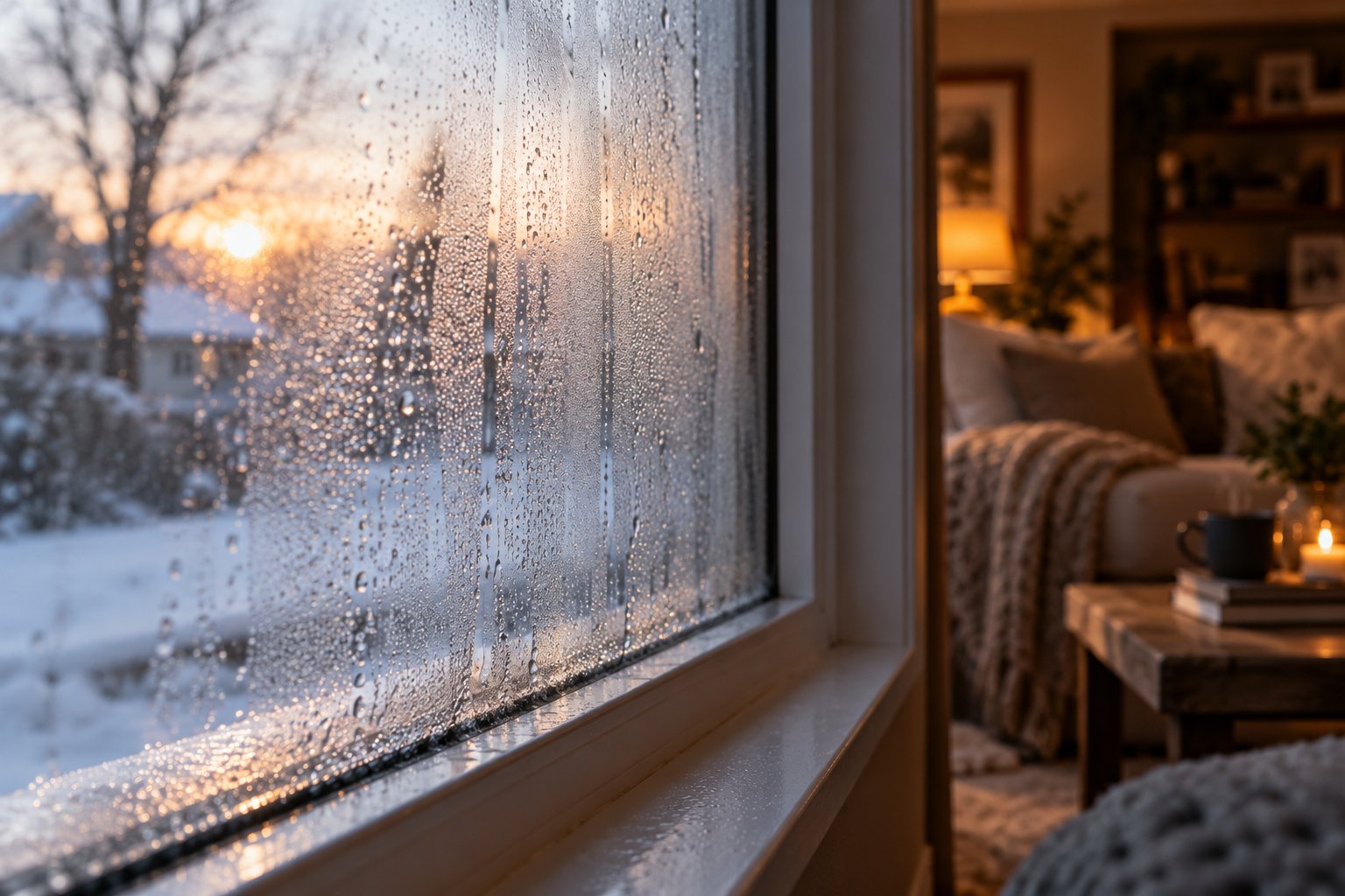 condensation forming on the inside of a window on a cold morning %E2%80%94 a common sign of excess indoor humidity