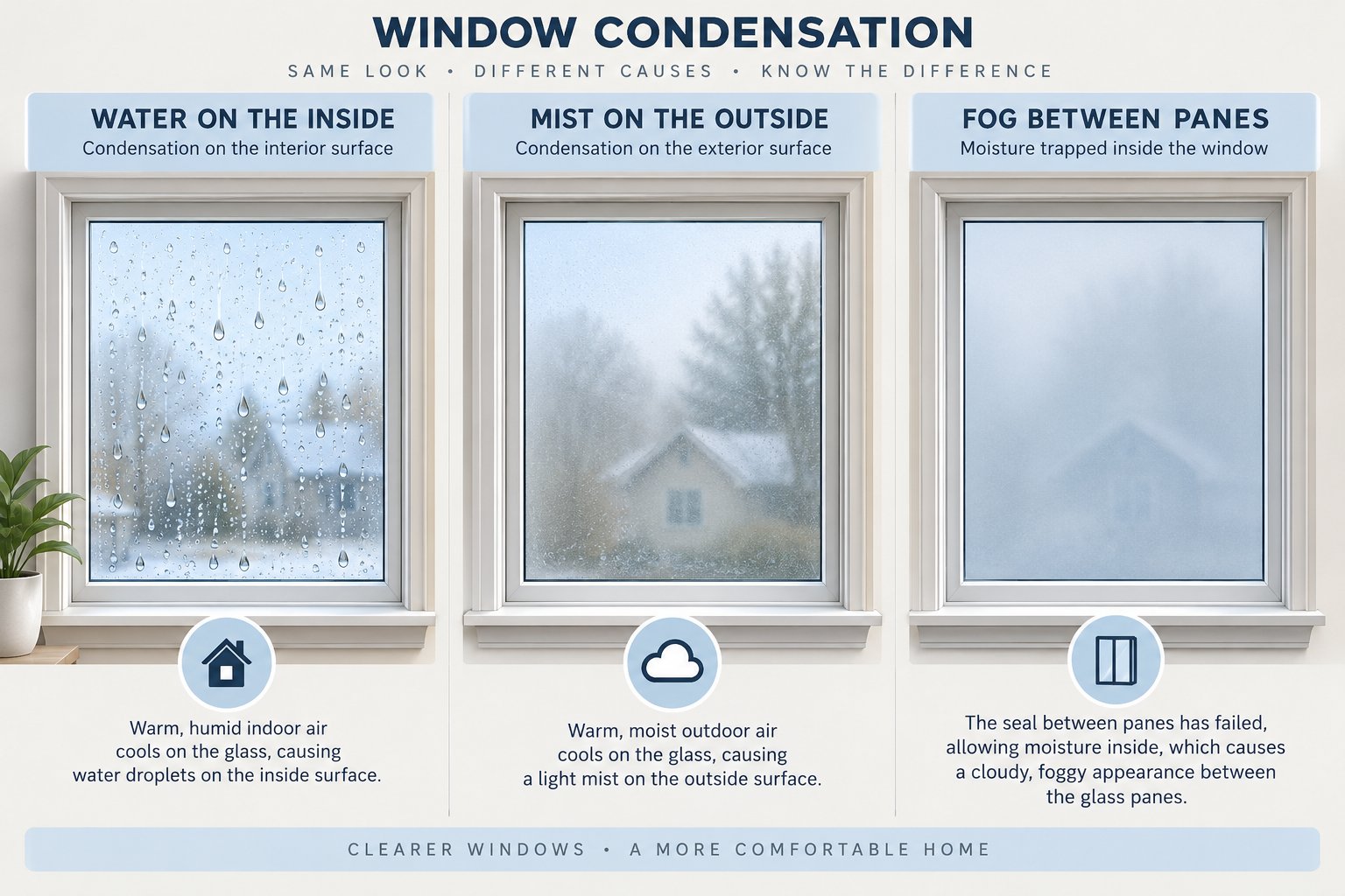 three types of window condensation %E2%80%94 interior exterior and between pane %E2%80%94 each with a different cause and solution