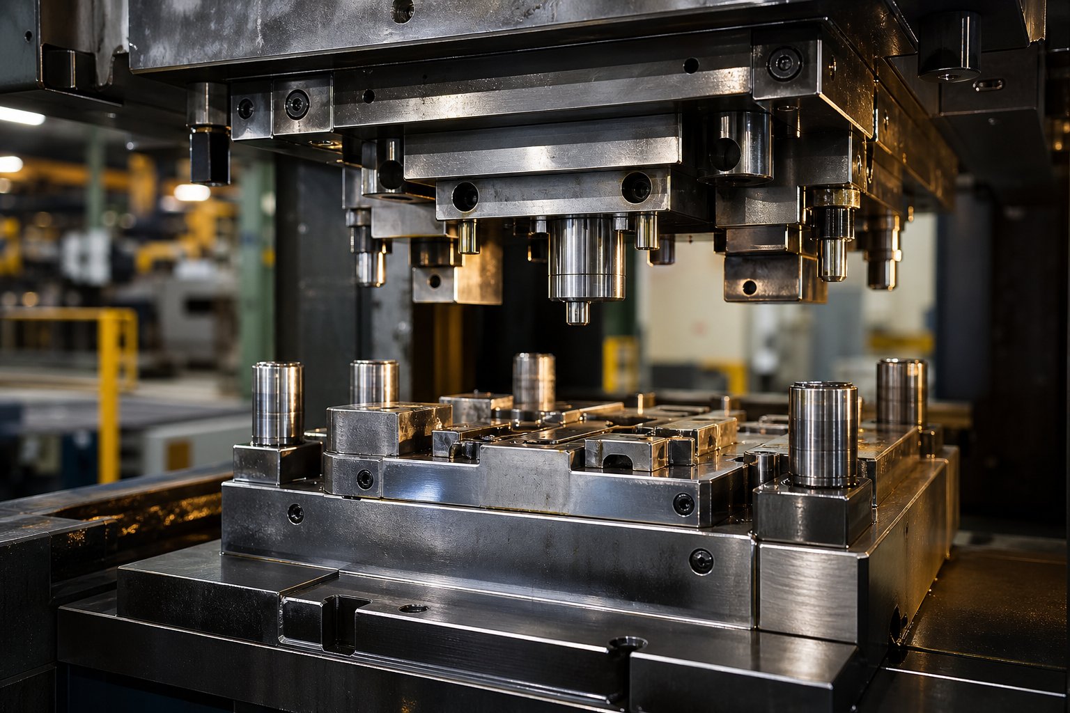 info-1-1 precision metal stamping die mounted in a press showing the engineered tool steel components that shape sheet metal into finished parts