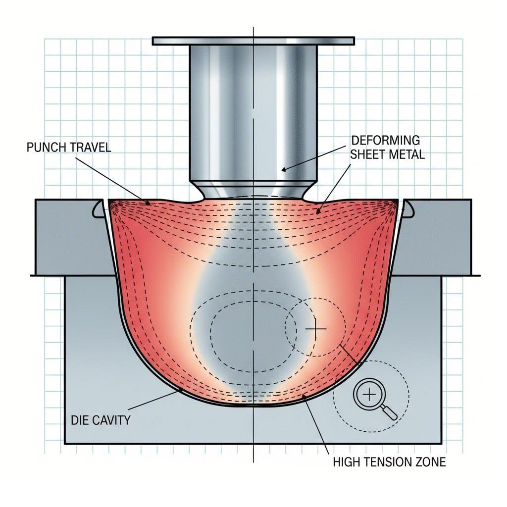 Cross section view of the deep drawing die operation showing metal flow and tension