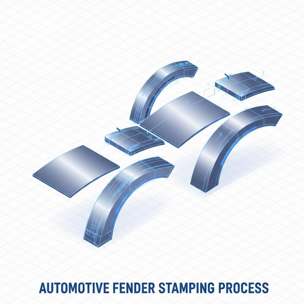 Sequential diagram of the automotive fender stamping process from blank to finished panel