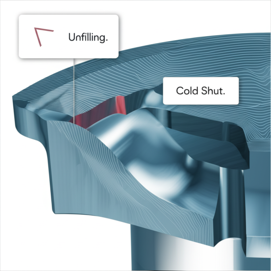 diagram illustrating common forging defects like unfilling and cold shuts that arise from complex part geometry