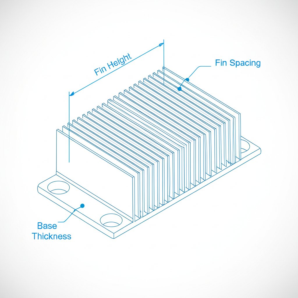 a technical schematic showing the key design principles of an extrusion heat sink