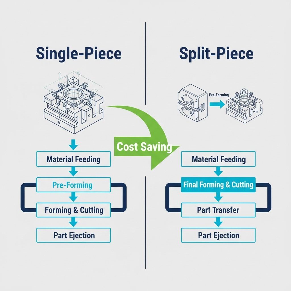 Comparison of single piece vs. split piece stamping strategies for automotive panels.