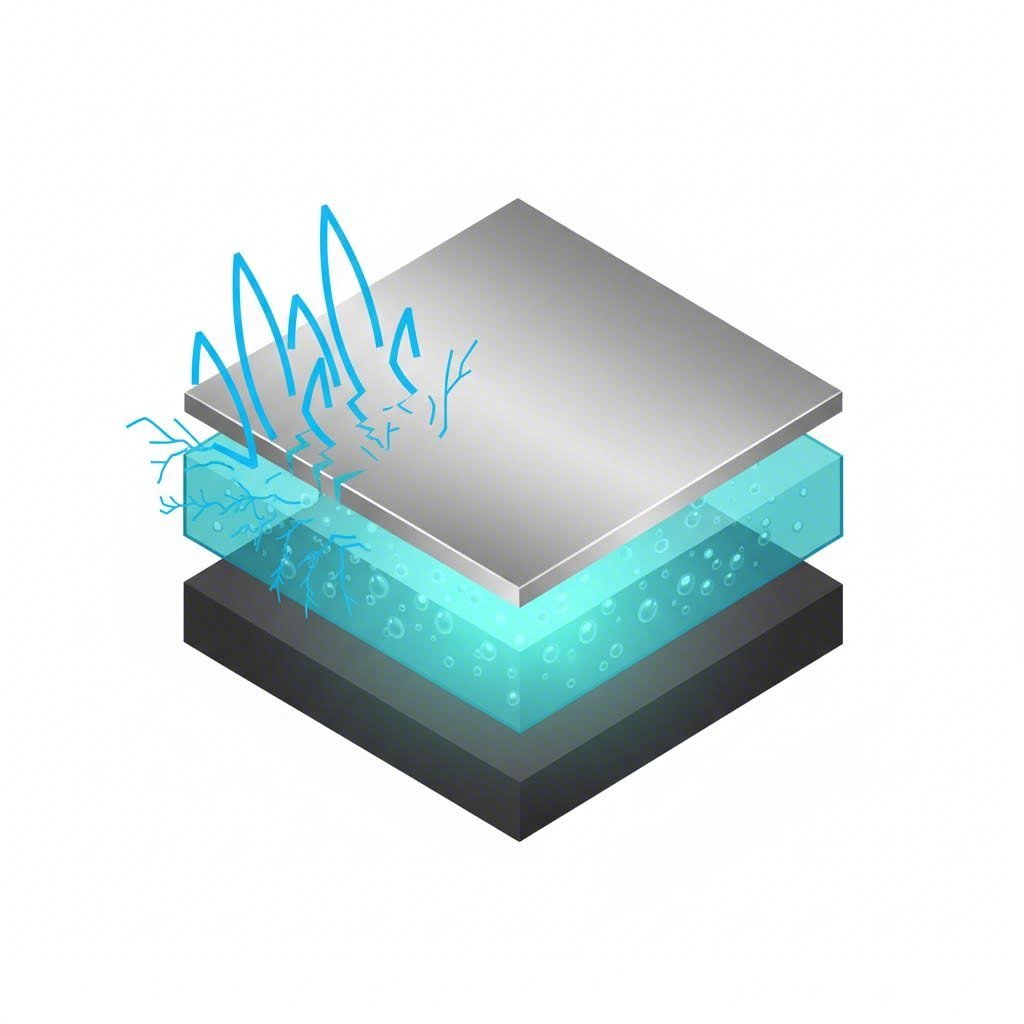 Cross section of acoustic laminated steel used for sound damping in automotive stampings.
