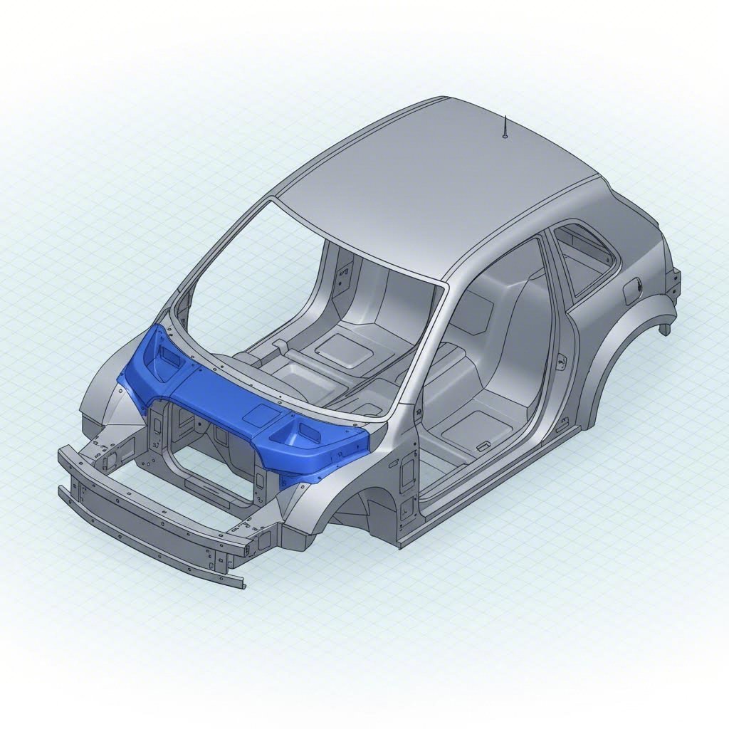 Structural diagram of an automotive body in white highlighting the dash panel firewall placement.