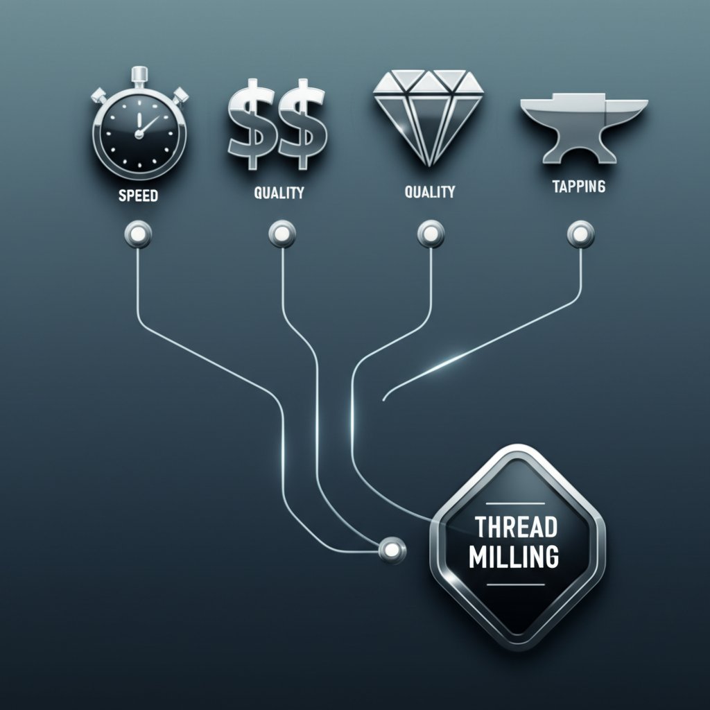 flowchart illustrating the key decision factors for choosing between tapping and thread milling