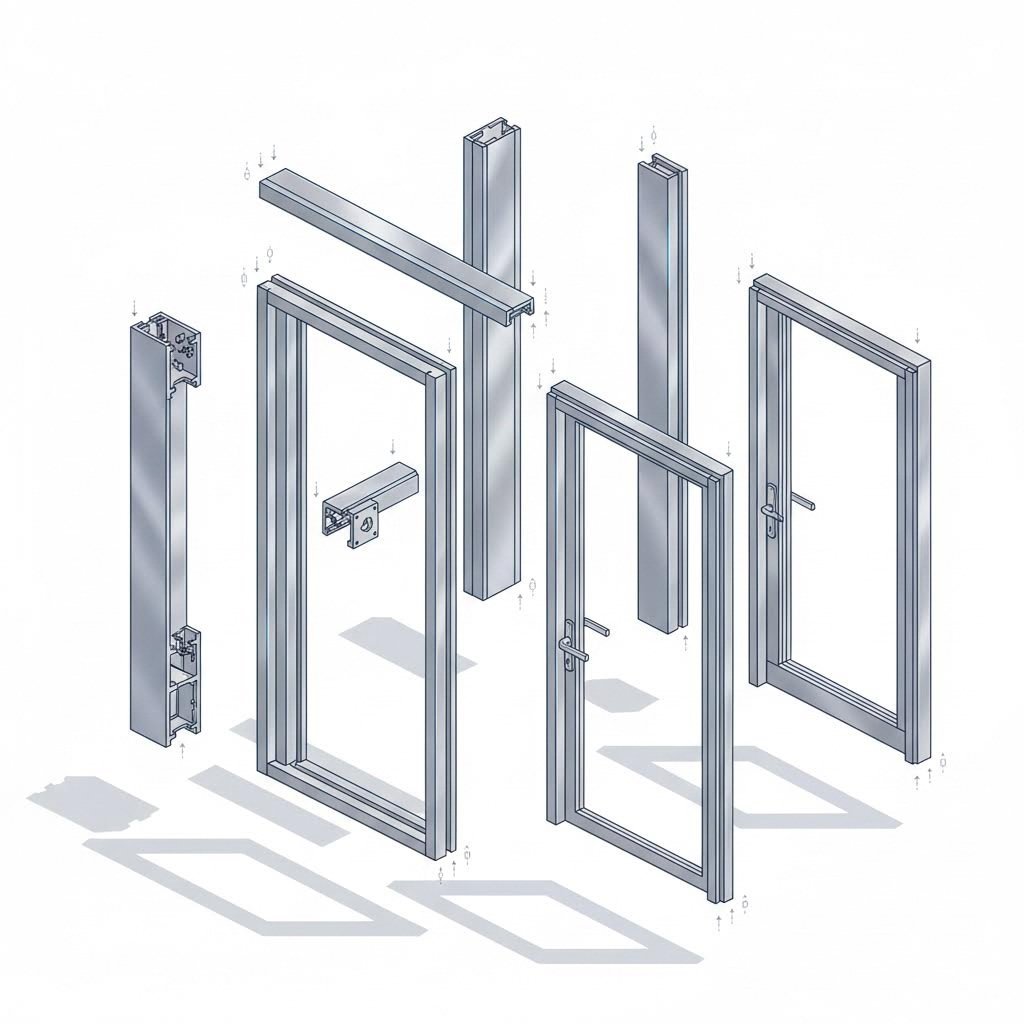 exploded view of essential aluminum storefront framing components and their assembly