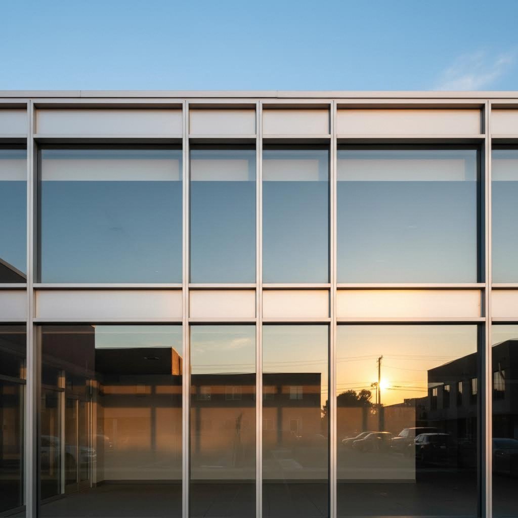 modern aluminum storefront system showcasing sleek framing and expansive glass panels on a commercial facade