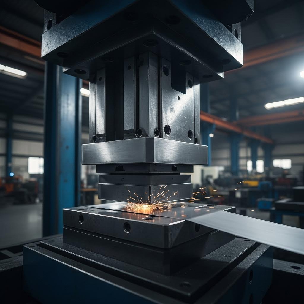 precision metal stamping die performing high speed cutting and forming operations in an industrial press