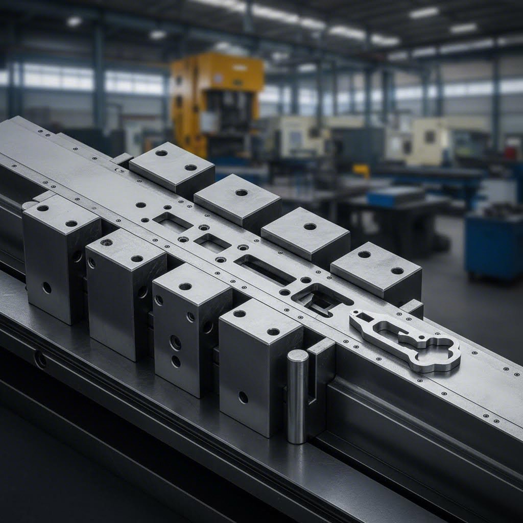 Progressive die strip showing the sequence of piercing and blanking operations