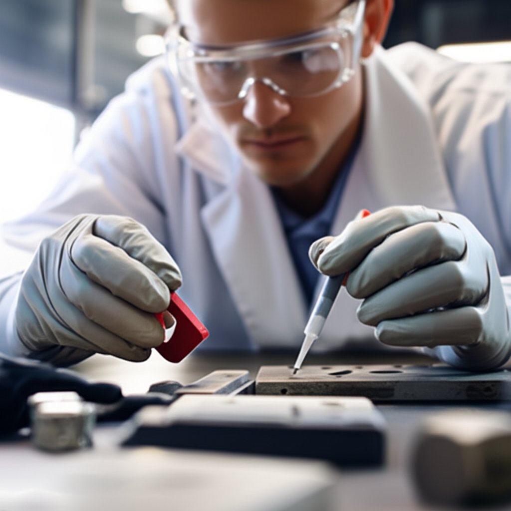 technician performing field identification tests on metal alloys in a workshop