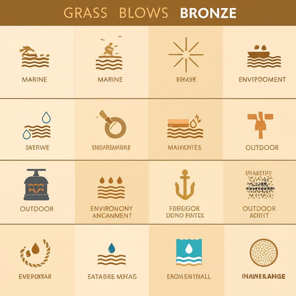 visual summary table comparing brass and bronze alloys for various environments and uses