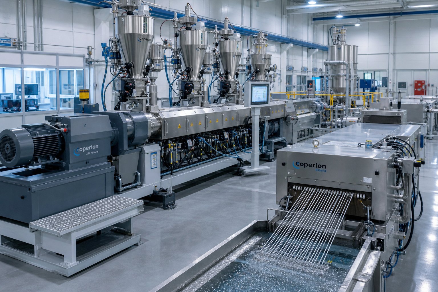 a complete polymer compounding line illustrating how twin screw extruders integrate with downstream equipment