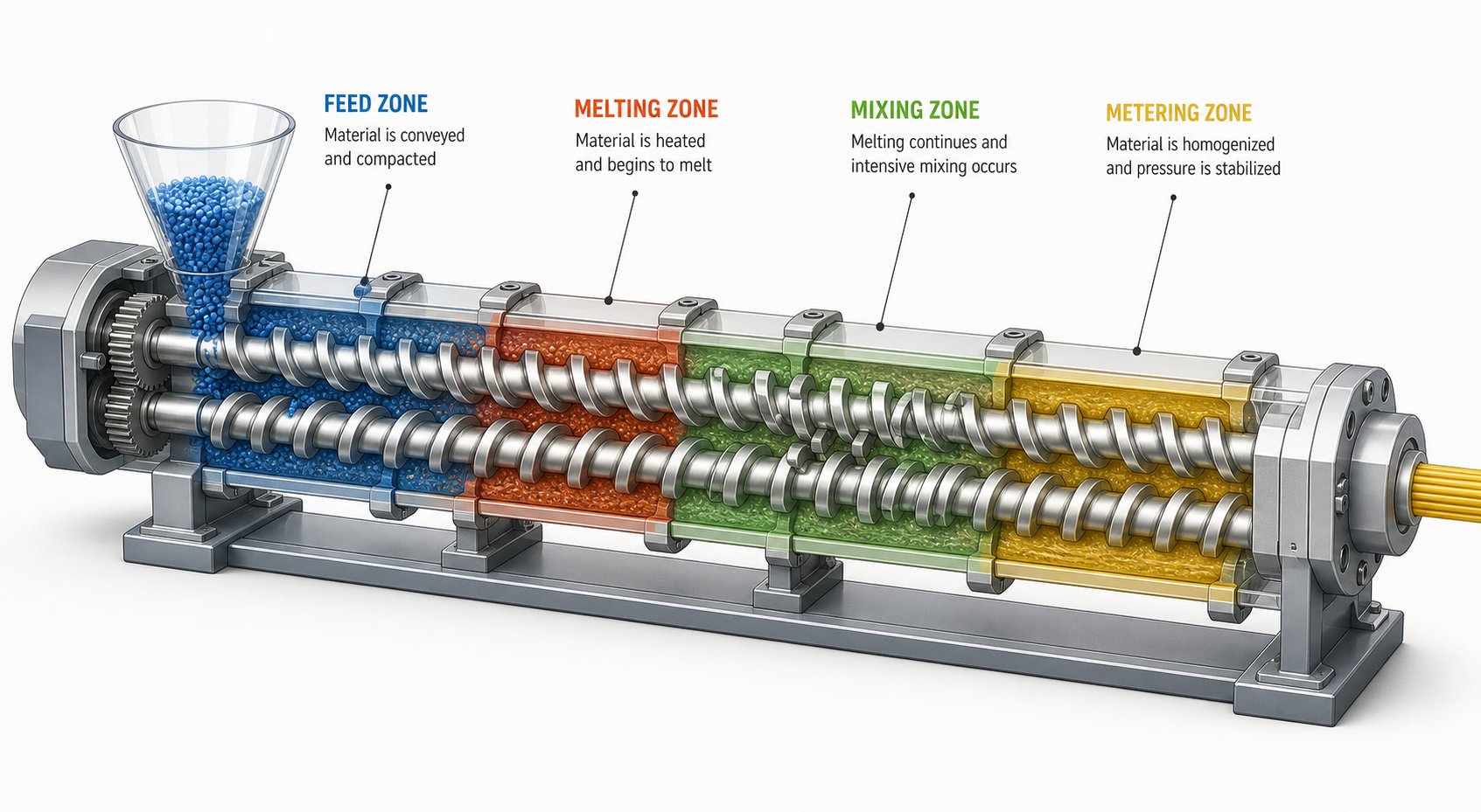 cross section view of a twin screw extruder showing distinct processing zones from feed to discharge