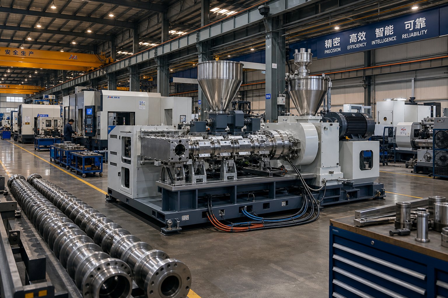 inside a twin screw extruder machine factory where precision engineering and assembly define equipment quality