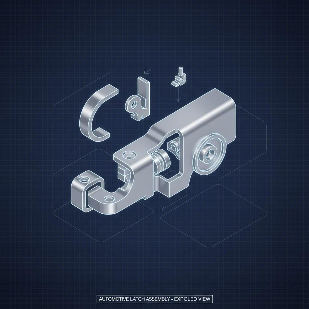 Exploded view of stamped automotive latch components showing catch and pawl assembly